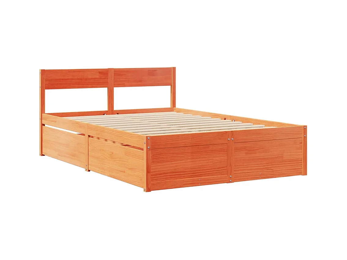 Lit double avec tiroirs cire marron 120x200cm bois pin massif FR68608
