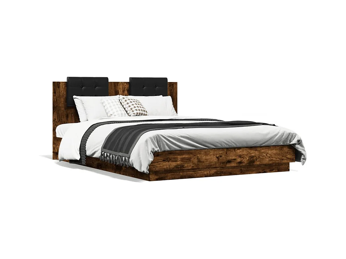Cama matrimonial- 150x200 cm cabecero luces LED roble ahumado ES877487