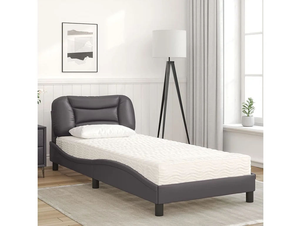 Lit adulte + matelas gris 90x190 cm similicuir FR91269