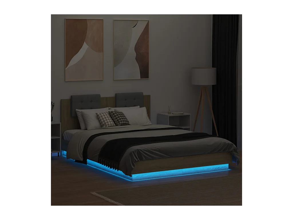 Lit double tête de lit et lumières LED chêne sonoma 150x200cm FR32277