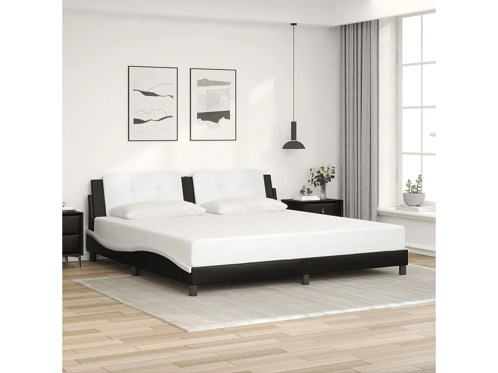 Lit double et tête de lit noir et blanc 200x200 cm similicuir FR34411