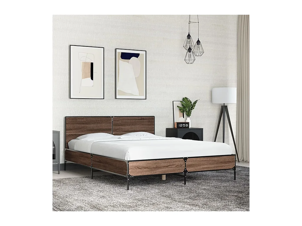 Lit double chêne marron 135x190 cm bois d'ingénierie et métal FR41507