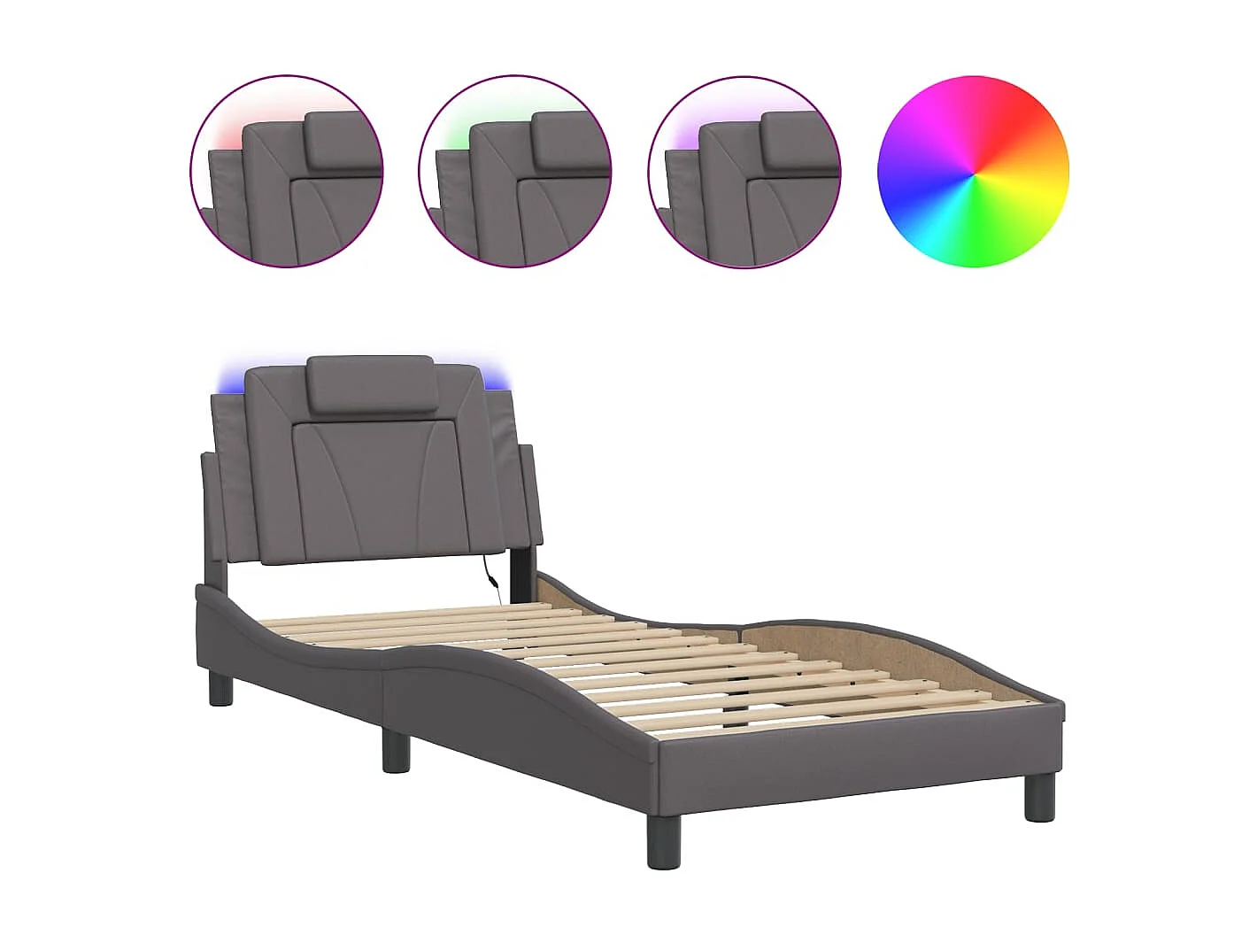 Cama c/ luzes LED 80x200cm couro artificial cinza PT552400