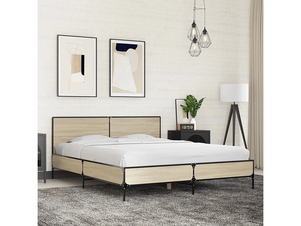 Cama 160x200 cm - madera ingeniería metal roble Sonoma ES504890