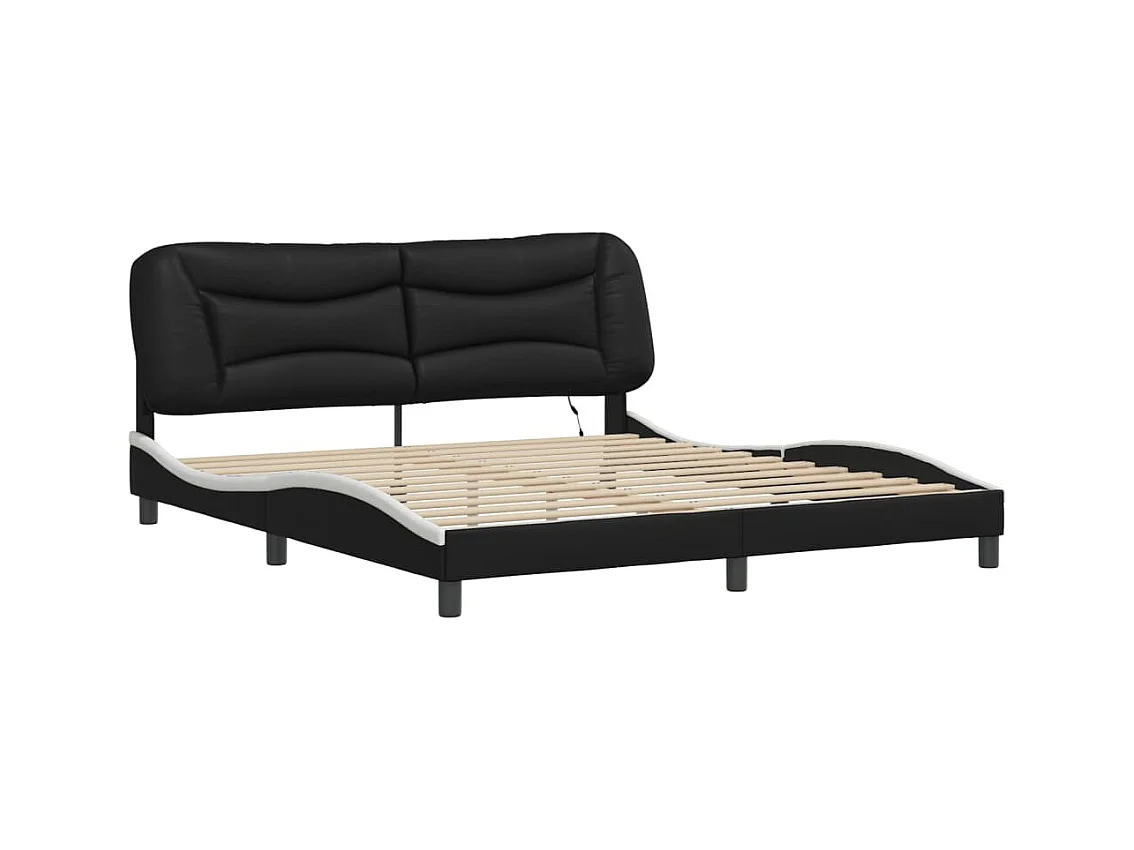 Cama c/ luzes LED 180x200cm couro artif. preto/branco PT466795