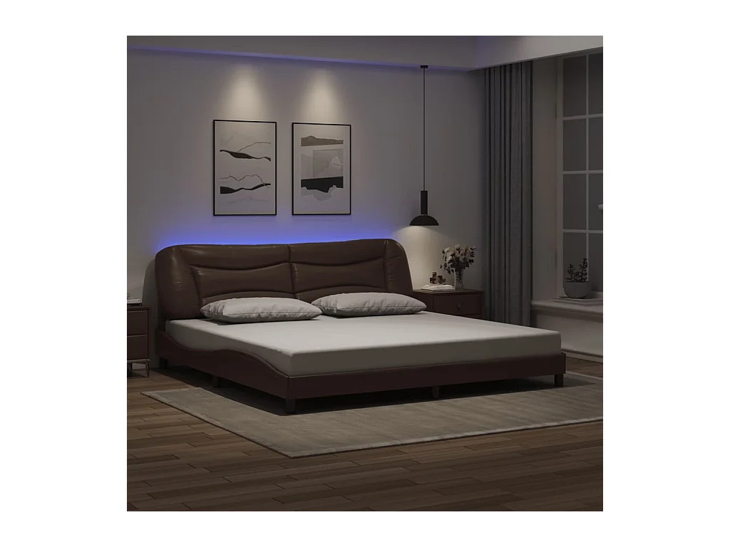 Lit double avec lumières LED marron 200x200 cm similicuir FR93109