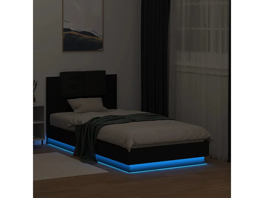 Lit simple + tête de lit et lumières LED noir 75x190 cm FR10022