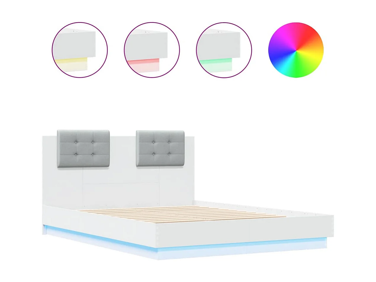 Lit double + tête de lit et lumières LED blanc 140x190 cm FR42398