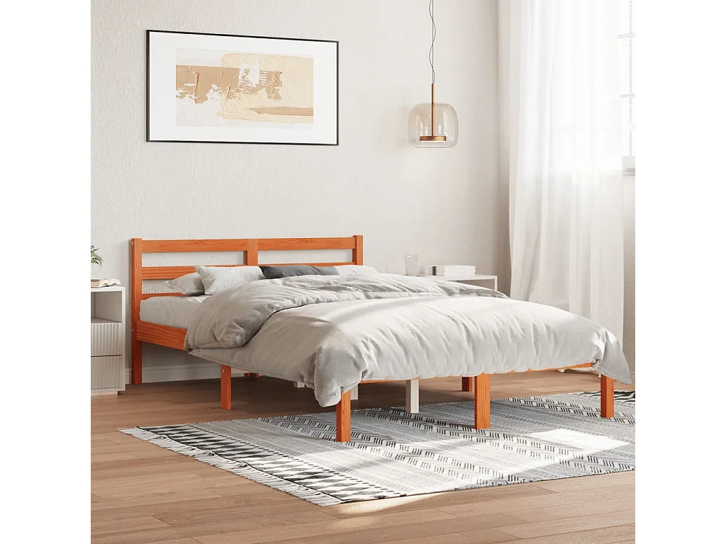 Lit double cire marron 140x200 cm bois de pin massif FR77377