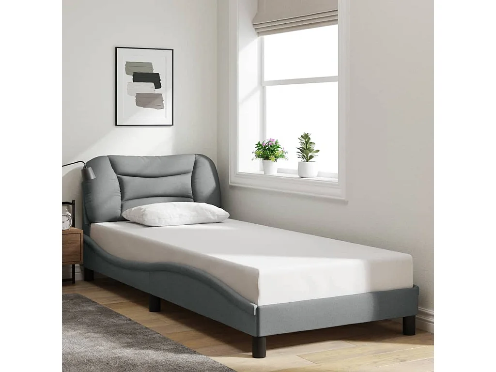 Lit simple + tête de lit Gris clair 90x190 cm Tissu FR26810