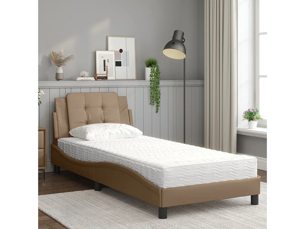 Lit adulte + matelas cappuccino 90x190 cm similicuir FR74757