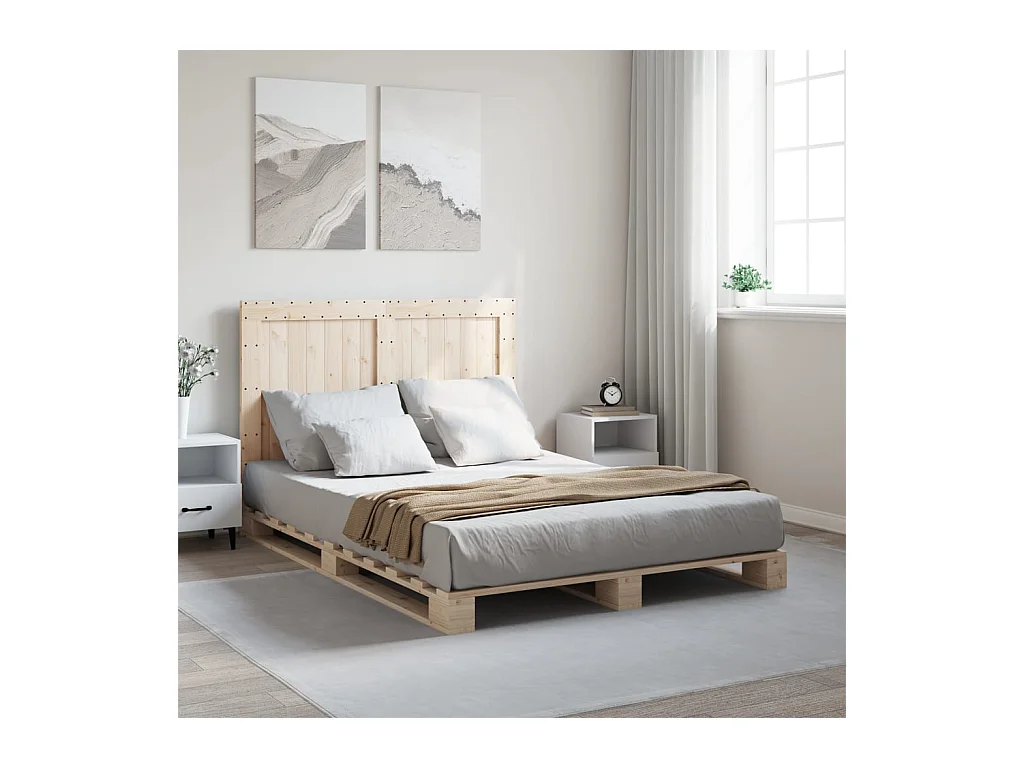 Lit double + tête de lit 140x200 cm bois de pin massif FR13903