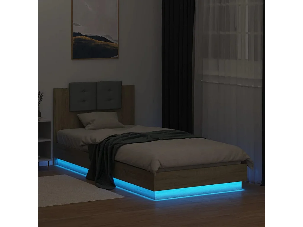 Lit simple tête de lit et lumières LED chêne sonoma 100x200cm FR31650