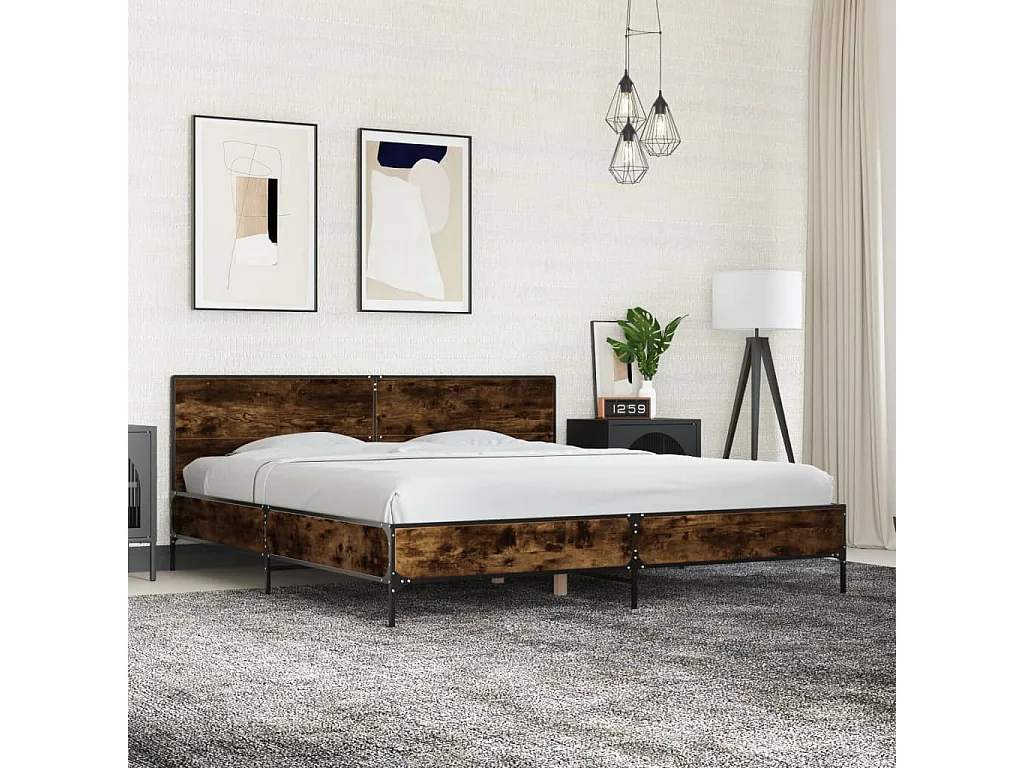 Lit double chêne fumé 180x200 cm bois d'ingénierie et métal FR79043