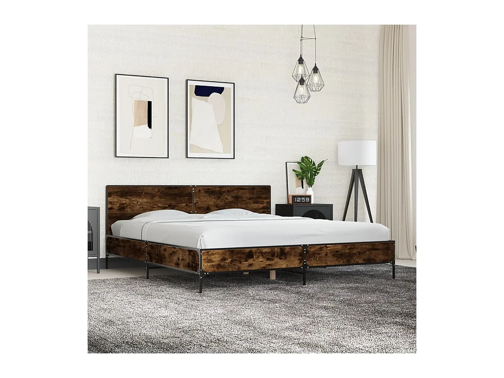 Lit double chêne fumé 180x200 cm bois d'ingénierie et métal FR79043
