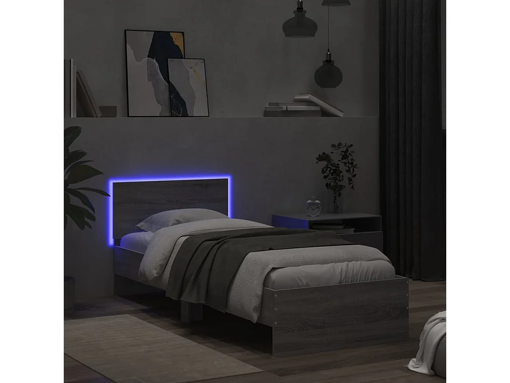 Lit simple tête de lit et lumières LED sonoma gris 75x190 cm FR75000