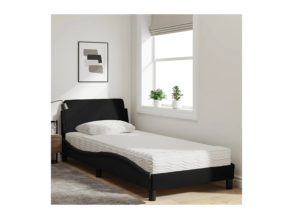 Lit adulte + matelas noir 90x190 cm tissu FR42997