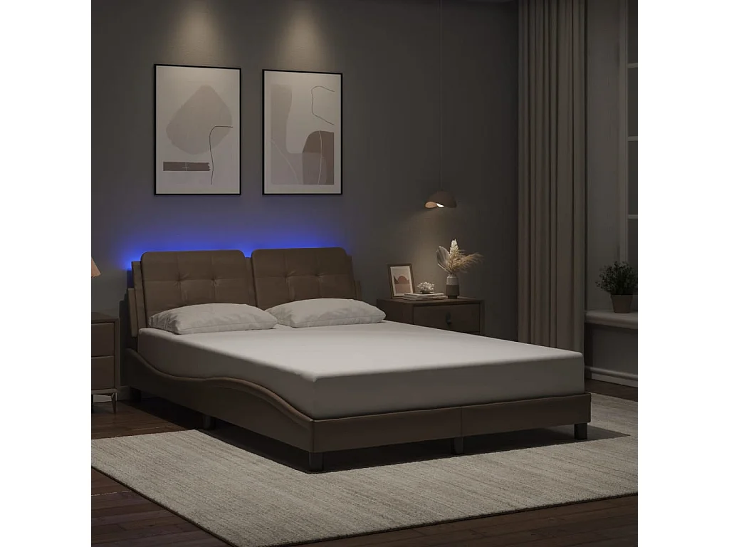 Cama c/ luzes LED 140x200cm couro artif. cappuccino PT730069