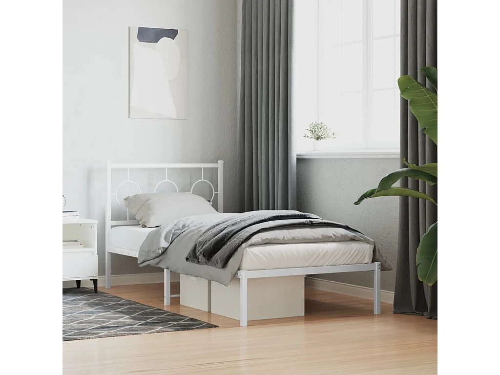 Cama individual- 90x200 cm de metal con cabecero blanco ES816586