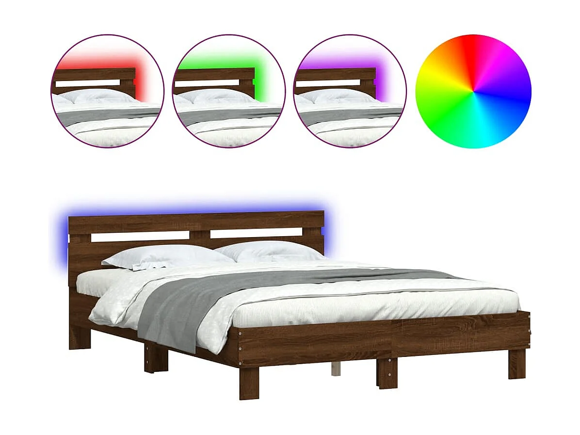 Lit double + tête de lit et LED chêne marron 140x190 cm FR90232