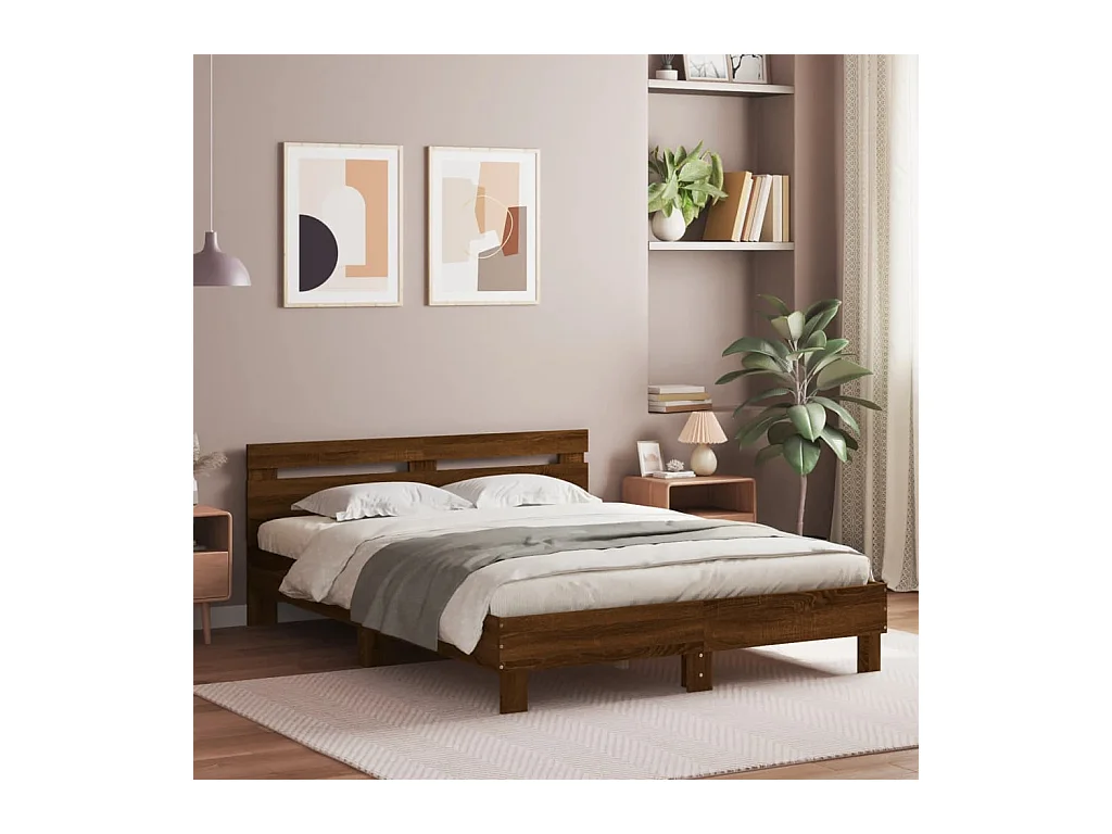 Cama matrimonial- 140x190 cm cabecero y luces LED marrón roble ES528715