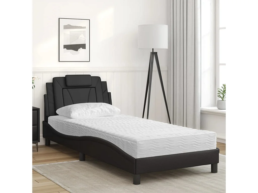 Lit adulte + matelas noir 90x190 cm similicuir FR96360