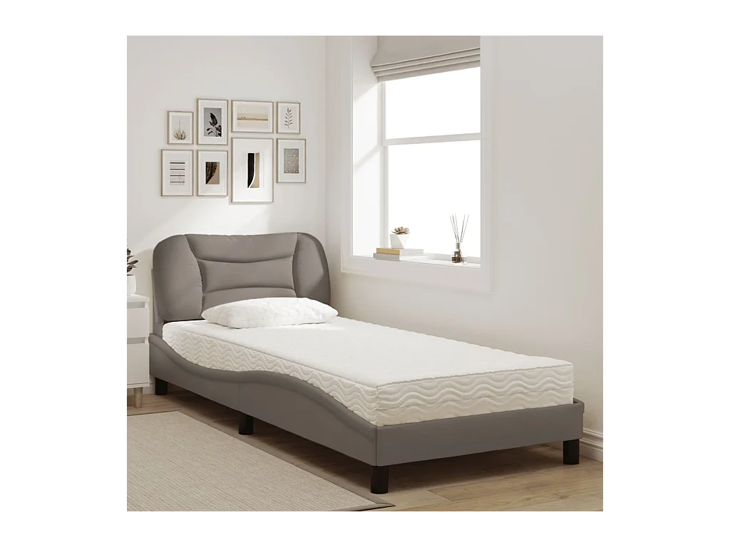 Lit adulte + matelas taupe 90x190 cm tissu FR36014