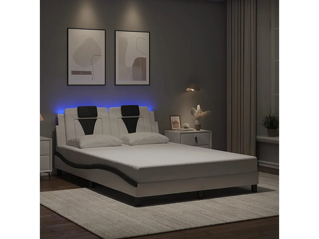 Lit double avec lumières LED blanc noir 140x190 cm similicuir FR58213