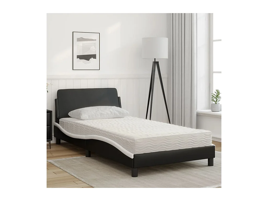 Lit adulte + matelas noir et blanc 100x200 cm similicuir FR36256