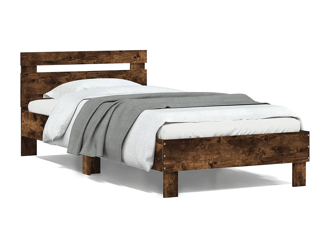 Bedframe met hoofdeinde bewerkt hout gerookt eiken 100x200 cm BE599602