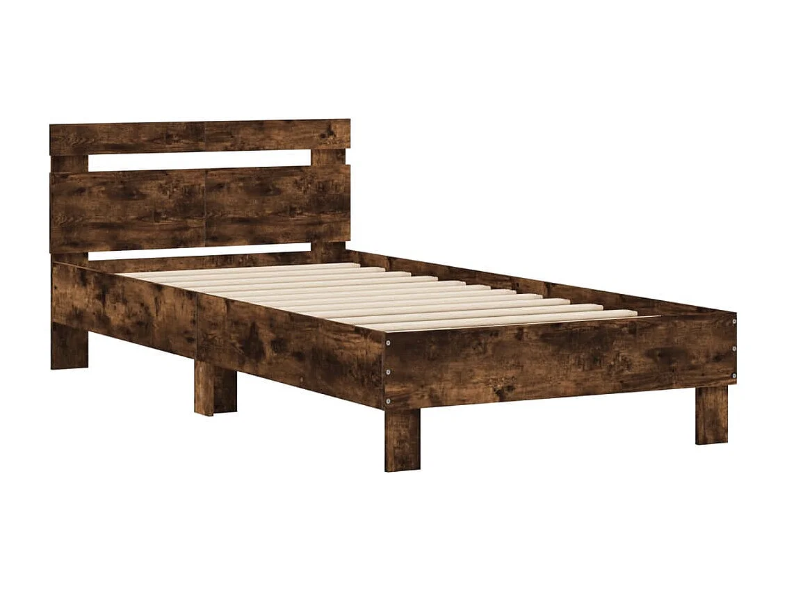Bedframe met hoofdeinde bewerkt hout gerookt eiken 100x200 cm BE599602