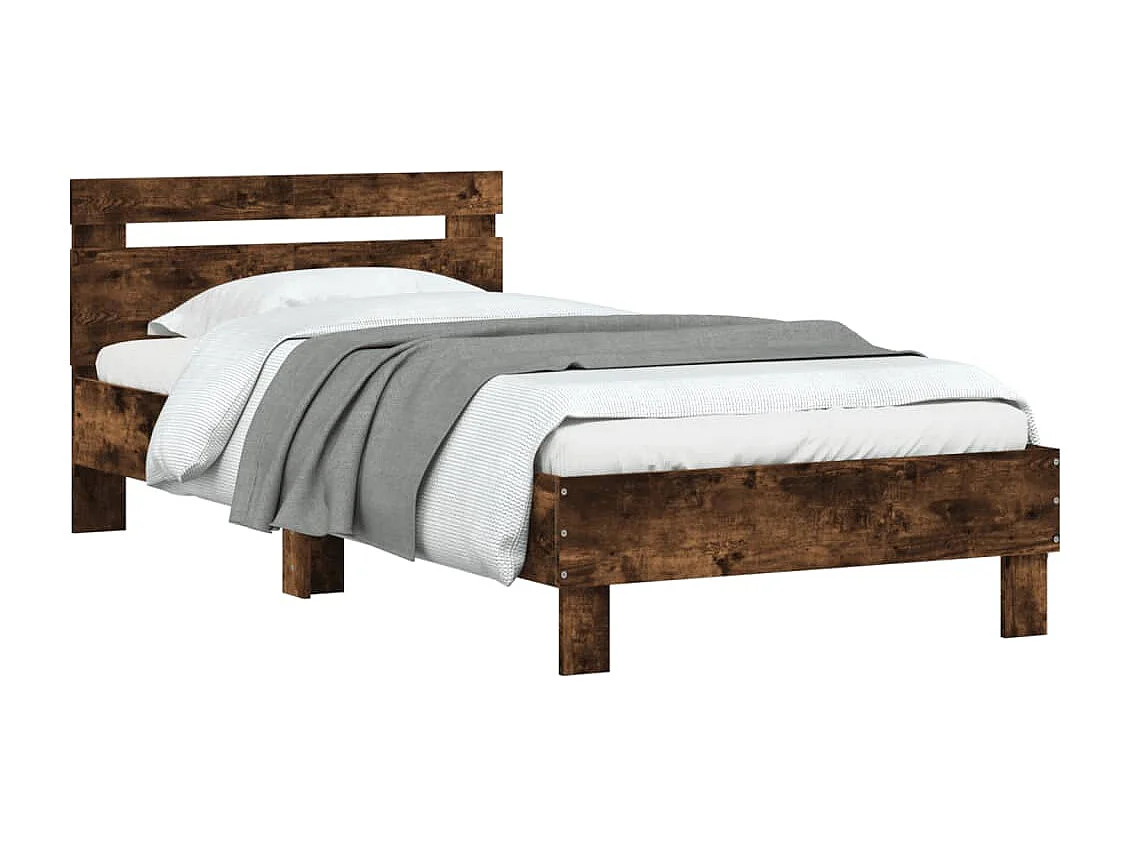 Bedframe met hoofdeinde bewerkt hout gerookt eiken 100x200 cm BE599602
