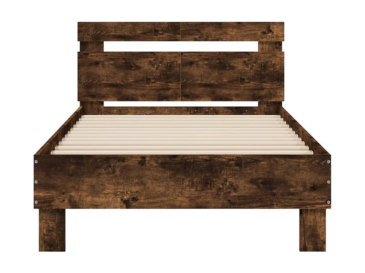 Bedframe met hoofdeinde bewerkt hout gerookt eiken 100x200 cm BE599602