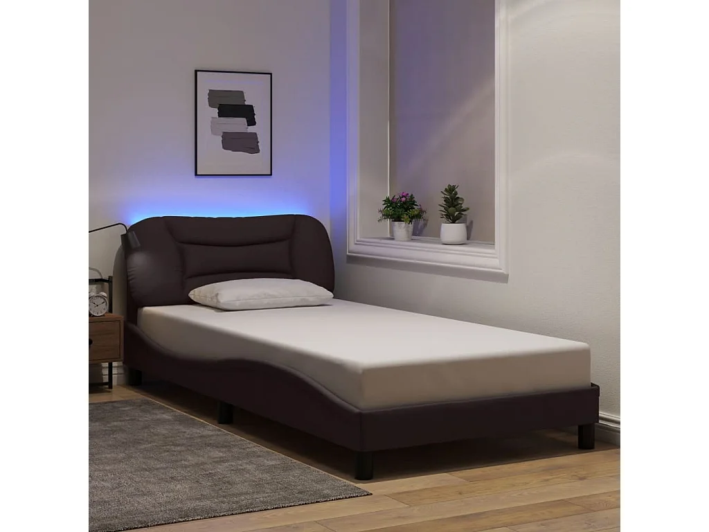 Lit simple avec lumières LED marron foncé 100x200 cm tissu FR16354
