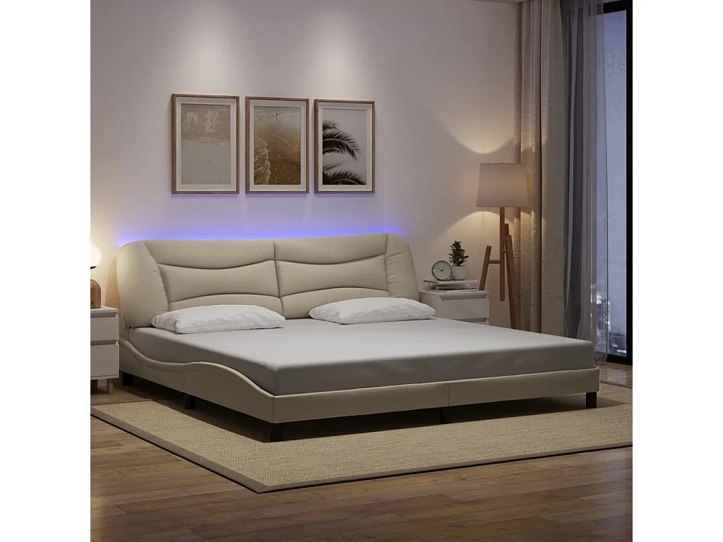 Lit double avec lumières LED crème 200x200 cm tissu FR52489