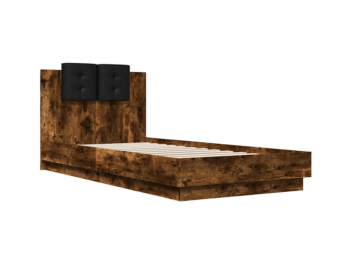 Lit simple tête de lit et lumières LED chêne fumé 100x200 cm FR28181