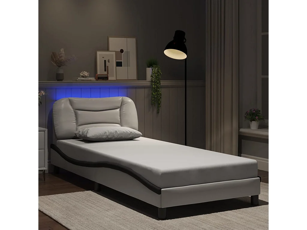 Cama c/ luzes LED 90x190 cm couro artif. branco/preto PT749067