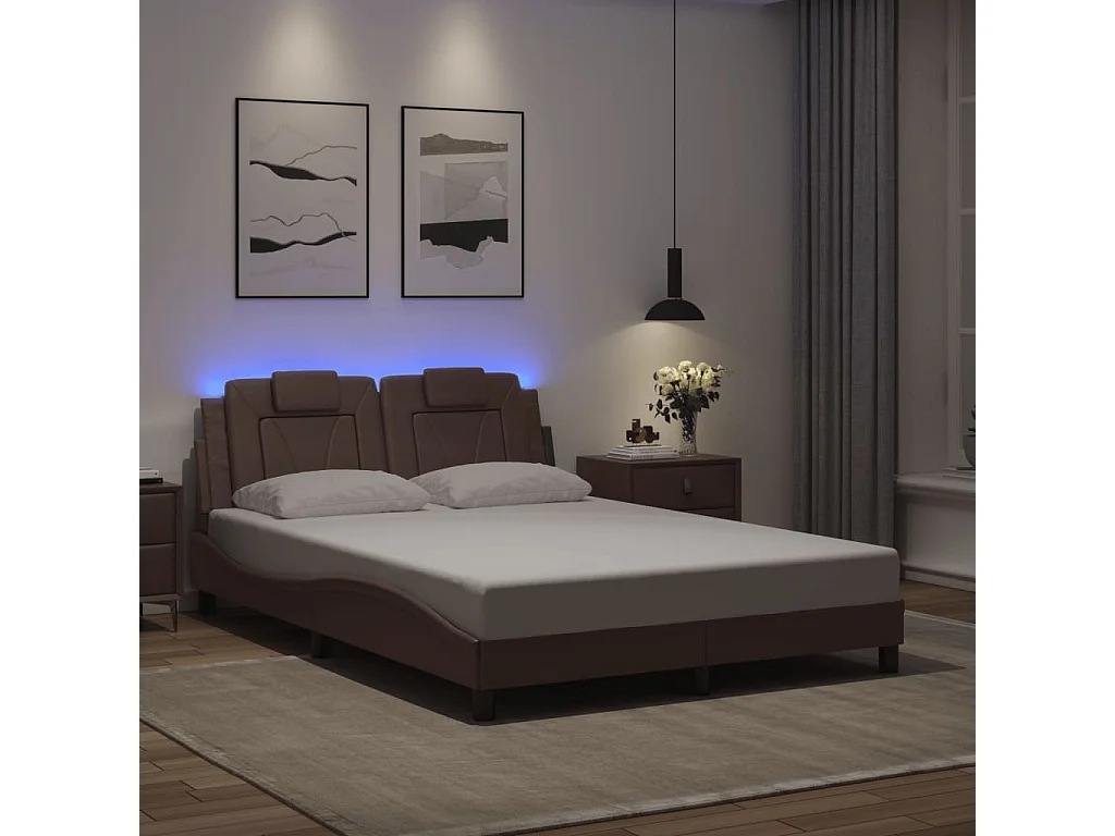 Lit double avec lumières LED marron 120x200 cm similicuir FR36336