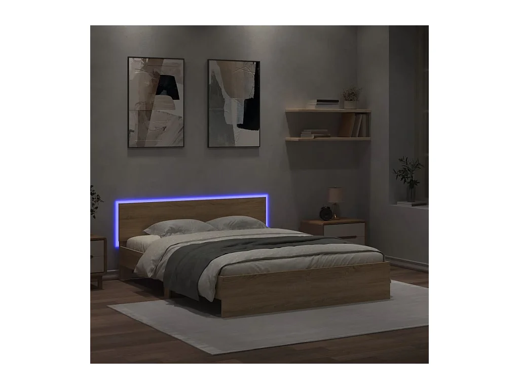 Lit double + tête de lit et LED chêne sonoma 150x200 cm FR32349