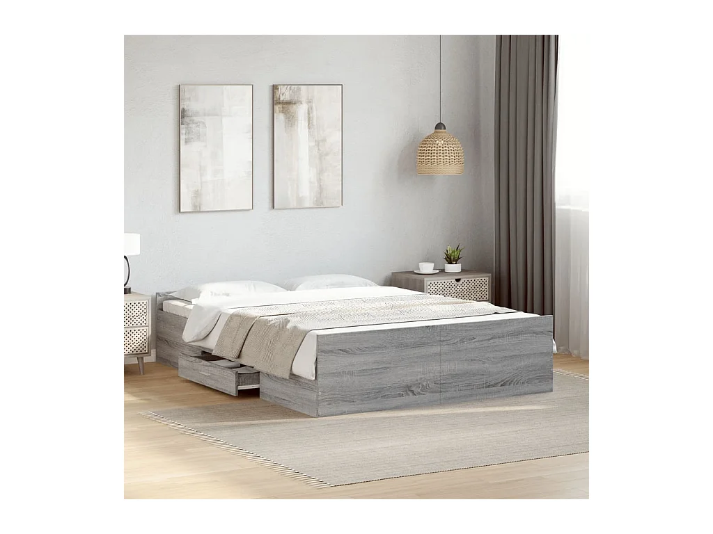 Lit double et tiroirs sonoma gris 120x200cm bois d'ingénierie FR84519