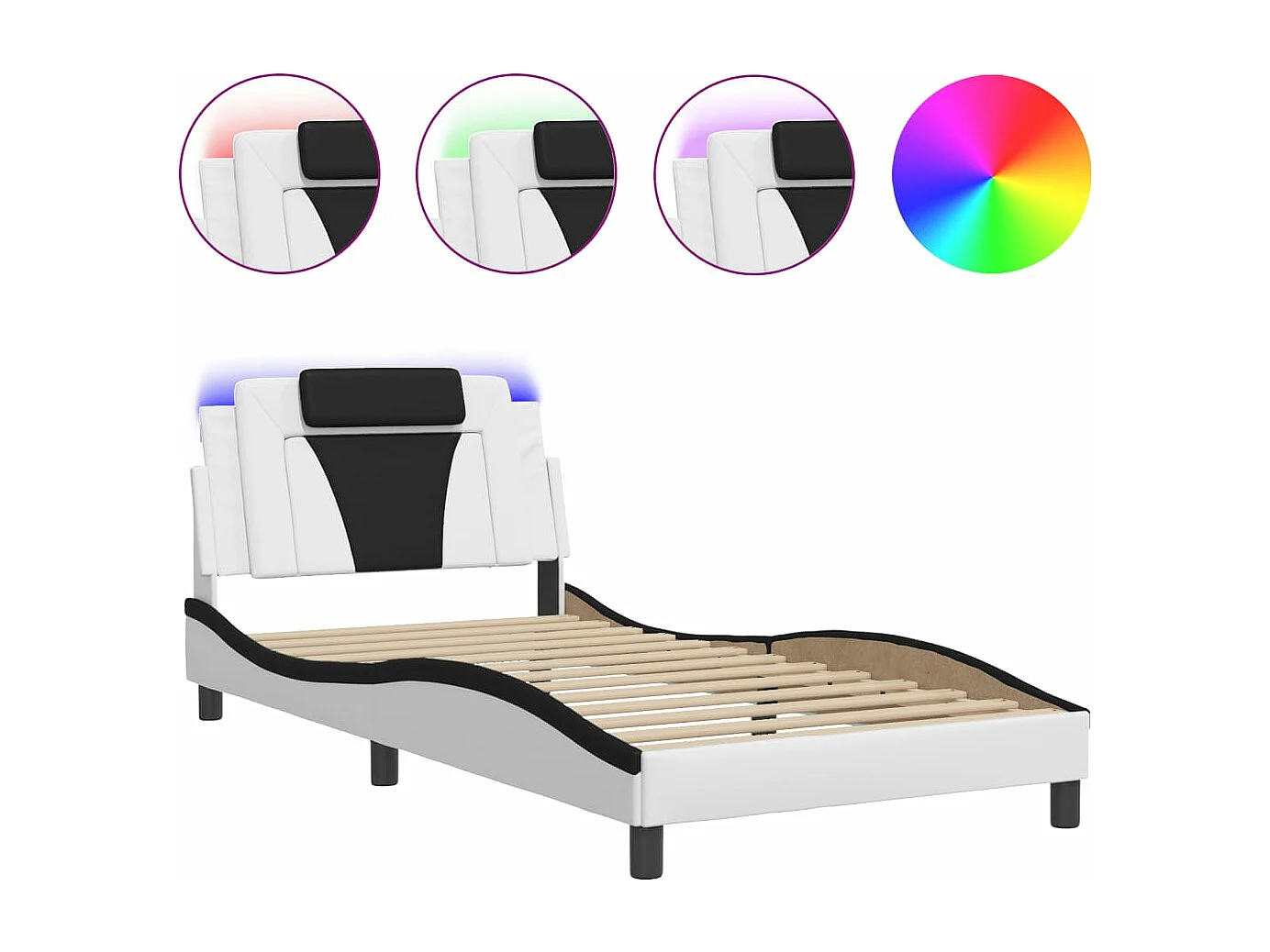 Cama c/ luzes LED 100x200cm couro artif. branco/preto PT234719