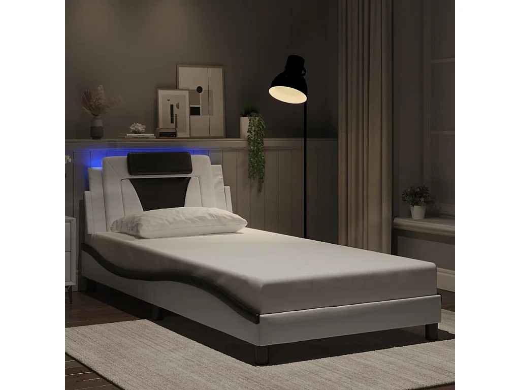 Cama c/ luzes LED 100x200cm couro artif. branco/preto PT234719
