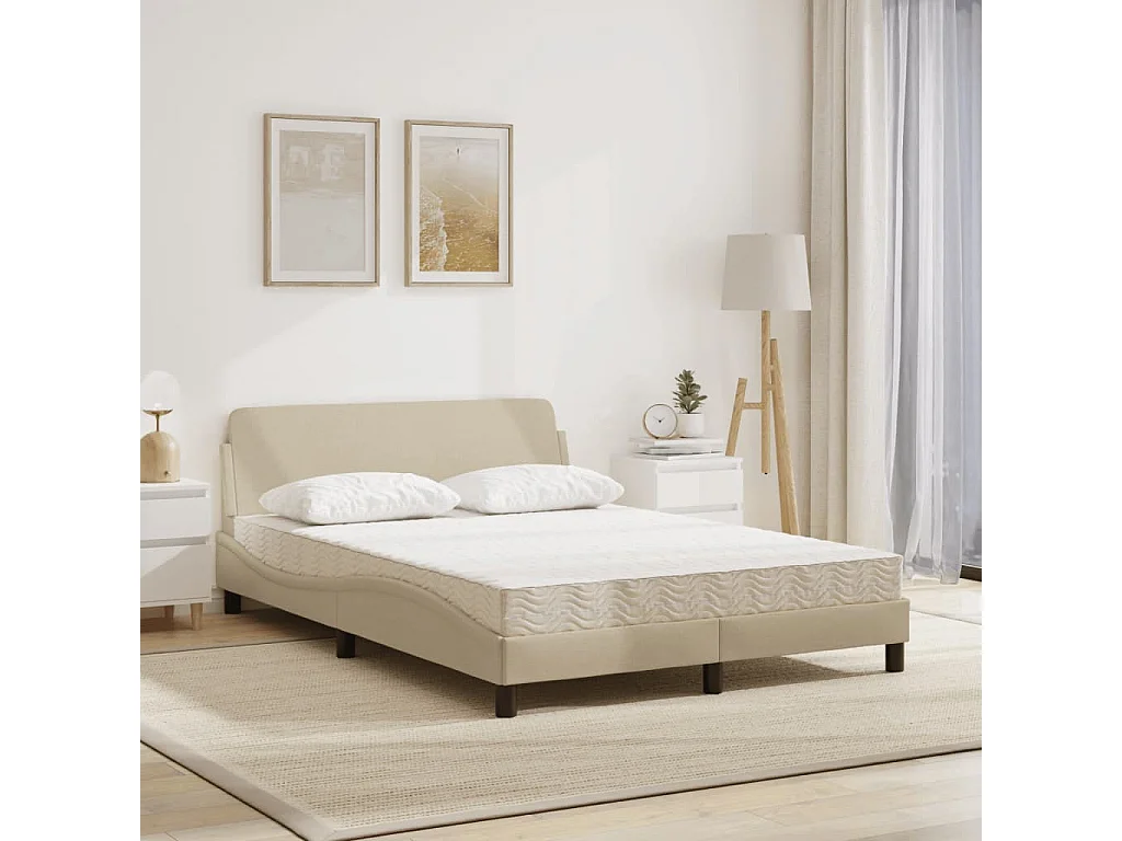 Lit adulte + matelas crème 140x190 cm tissu FR47565