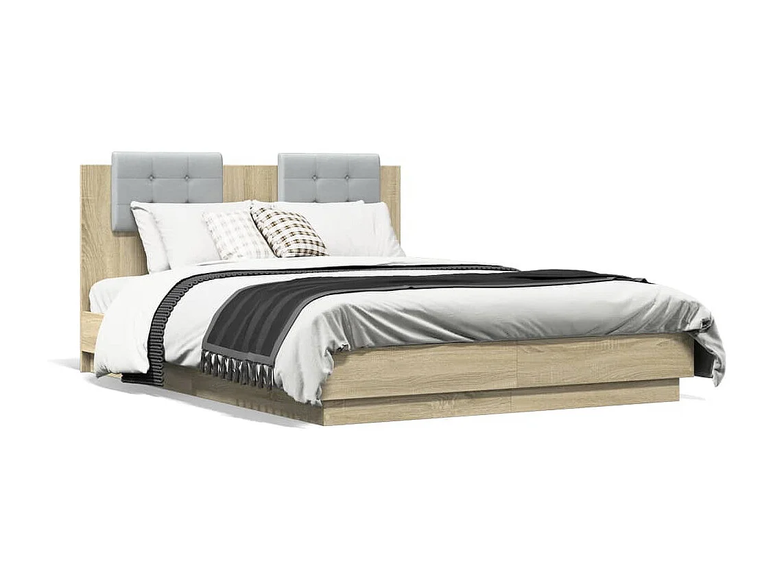 Cama c/ cabeceira/luzes LED 135x190cm carvalho sonoma PT744485