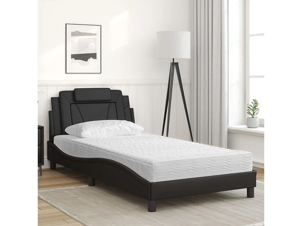 Lit adulte + matelas noir 100x200 cm similicuir FR16918