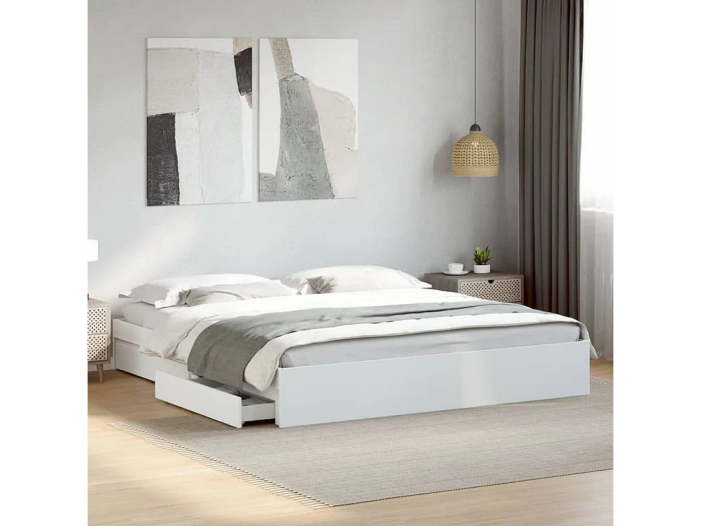 Lit double avec tiroirs blanc 180x200 cm bois d'ingénierie FR18917