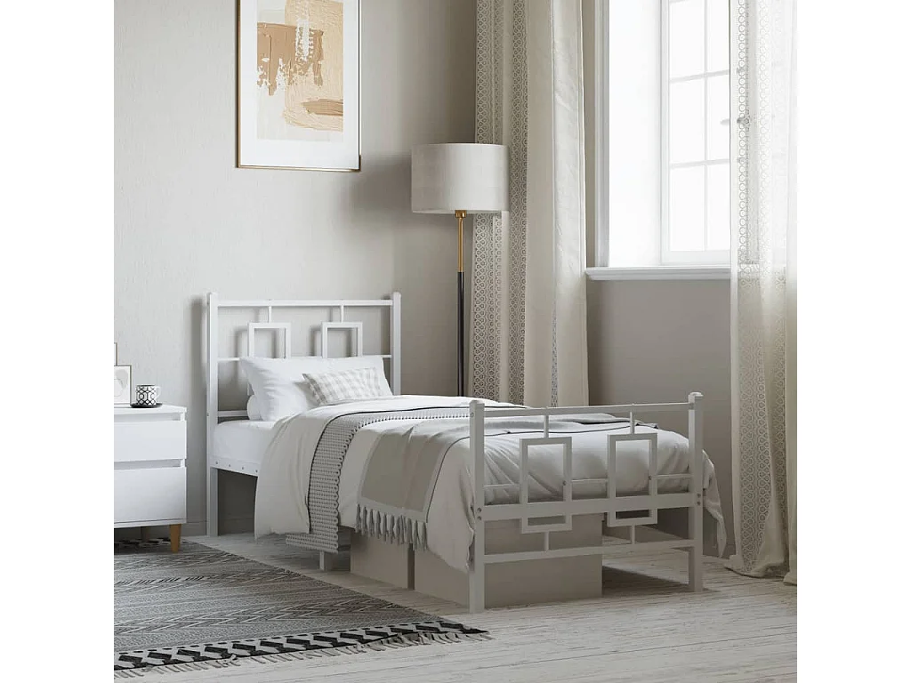 Lit simple métal + tête de lit/pied de lit blanc 80x200 cm FR43508