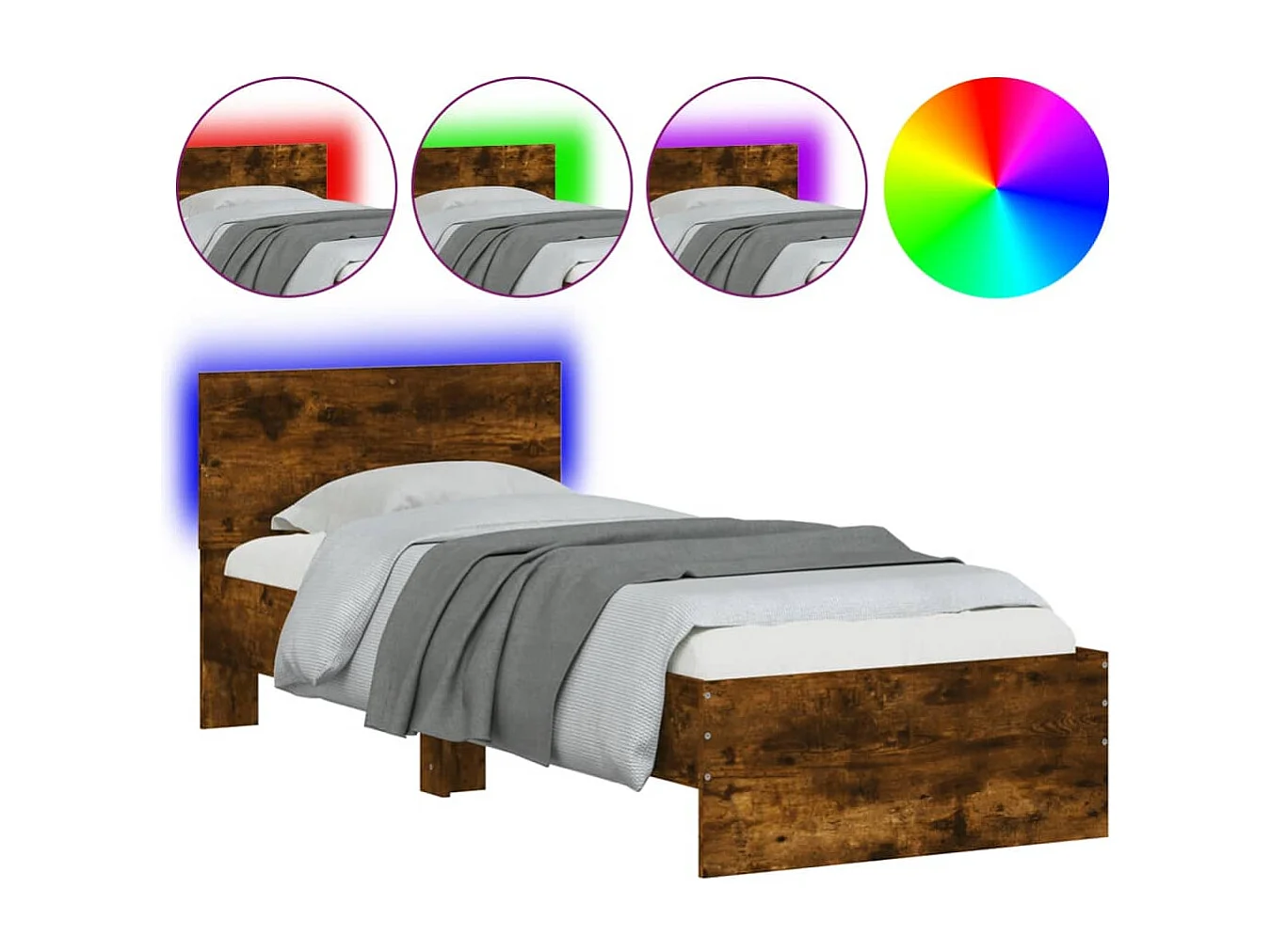 Lit simple tête de lit et lumières LED chêne fumé 90x190 cm FR68753