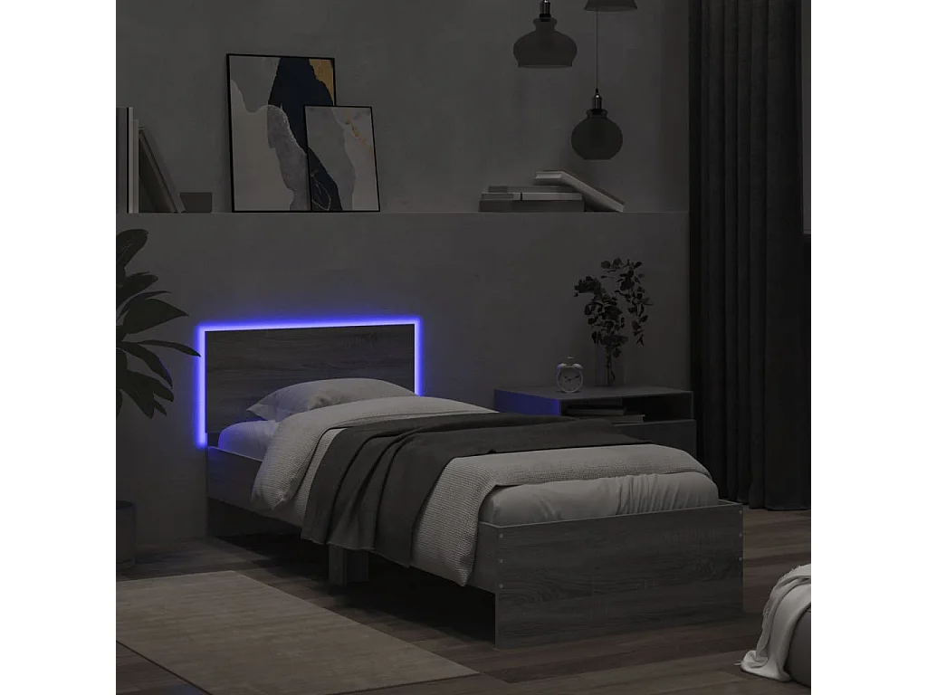 Lit simple tête de lit et lumières LED sonoma gris 90x190 cm FR90596