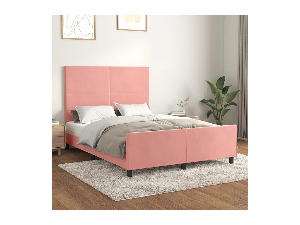Lit double + tête de lit Rose 140x190 cm Velours FR41998